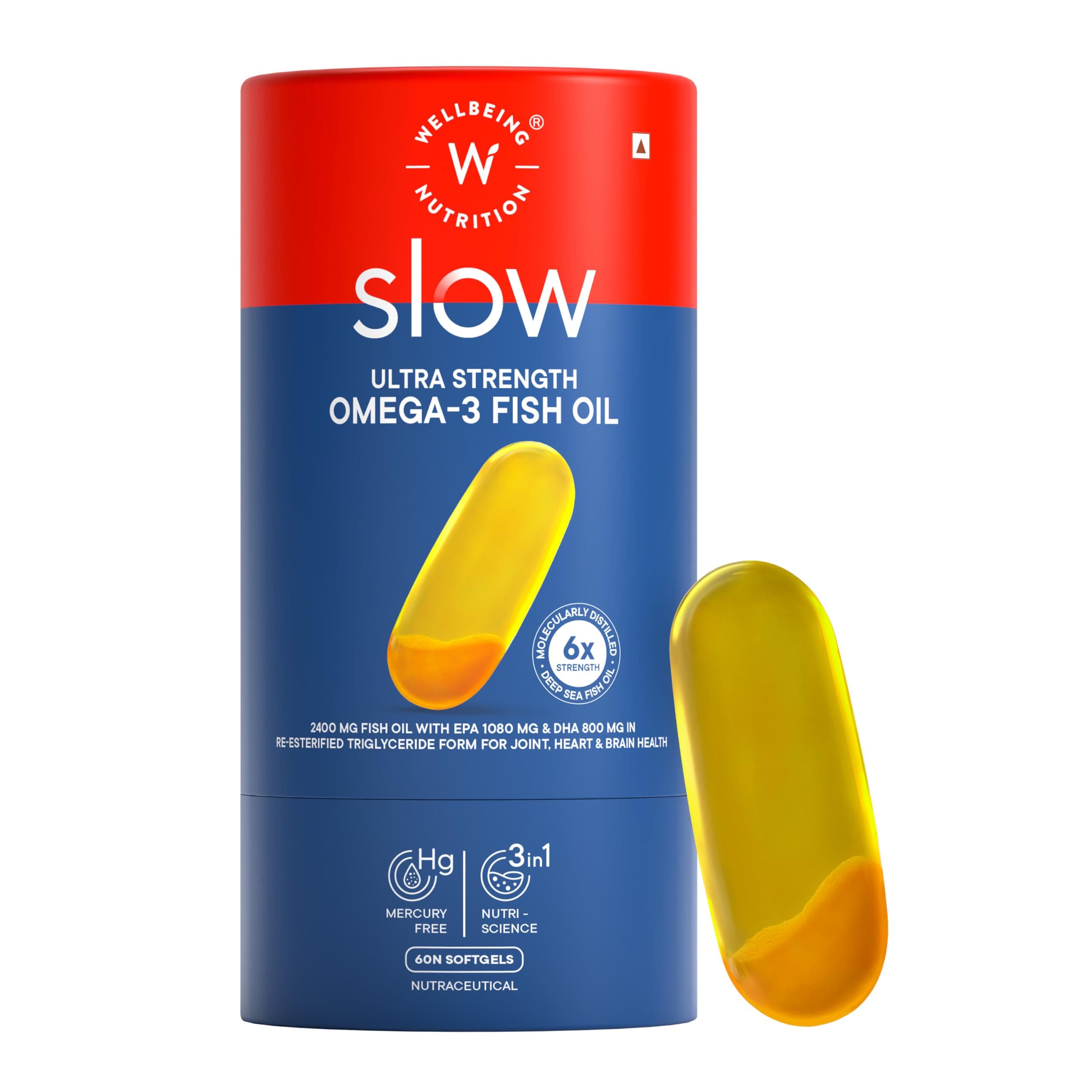 Wellbeing Nutrition Slow 6x Strength Omega 3 Fish Oil Capsules | 2400mg with EPA 1080mg, DHA 800mg & Curcumin for Men & Women | No Fishy Burp | For Brain, Heart, & Joint Health, 60 Capsules