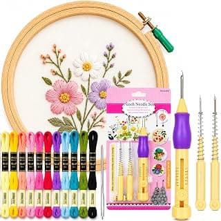 Jasol Embroidery Punch Needle Kit for Beginners with Wooden Hoop, 10 Color Embroidery Threads, Big Eye Needle, DIY Needlework Craft Kit for Embroidery Punching, Sewing & Handmade Projects