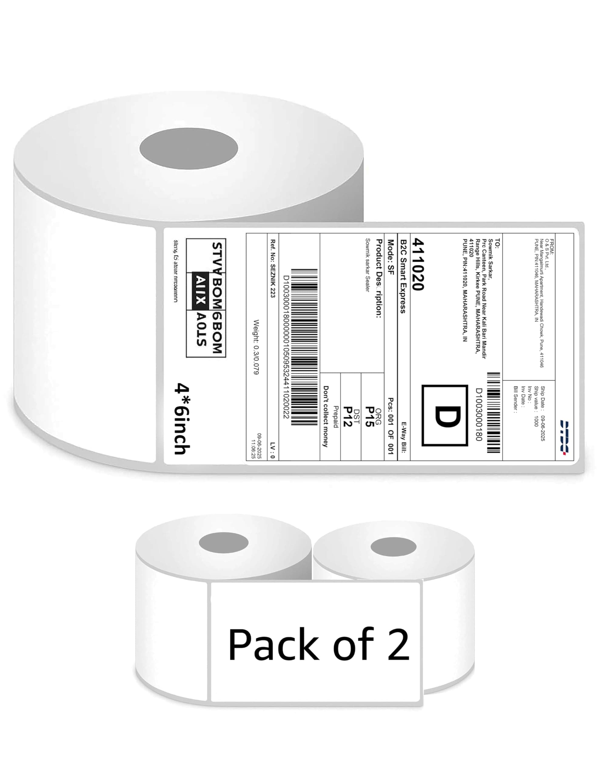 SEZNIK Thermal Printer 4x6 Inch Label Paper (100x150mm) | 800 Labels | Shipping, Parcel, Barcode & Address Labels | Waterproof, Oil & Scratch Resistant Label Roll | BPA Free | Perforated (Pack of 2)