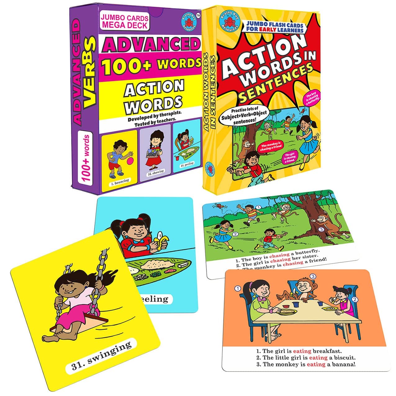 Brainy Bug Resources Advanced Action Words and Action Words in Sentences | Audioenabled Flashcards | Audio in English, Hindi, Tamil, Kannada, Telugu, Punjabi | Special Needs | Learn English