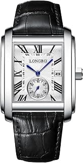 LONGBO Mens Watch Rectangular Shape Alloy Case Business Casual Genuine Leather Strap with Seconds Subdial | Calendar Date | Scratch Resistant Waterproof Watches for Men