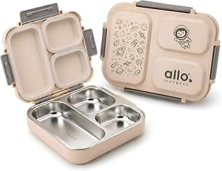 Allo Bento Stainless Steel Lunch Box for Kids- BIS Approved, 304 Stainless Steel 3 Compartment Leakproof Tiffin Box for Boys and Girls for School, Travelling, Baby Snacks, 740ml Beige Space