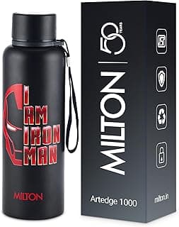 MILTON Artedge 1000 Thermosteel ISI Certified Water Bottle, 1000 ml Stainless Steel, 24 Hr Hot and Cold I Leak Proof, Vacuum Insulation, for Office, School, Gym, Black Iron MAN