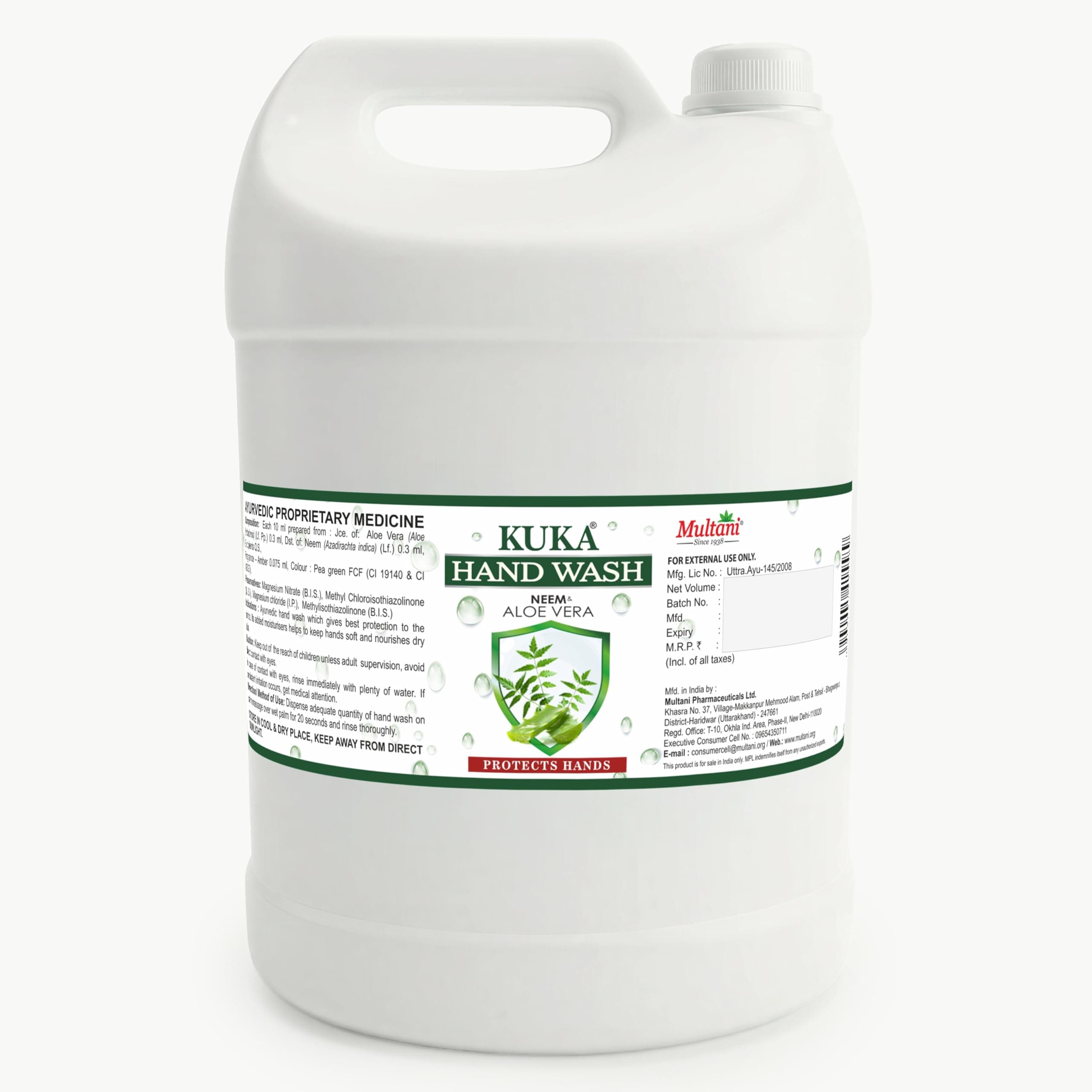 Multani Natural Neem & Aloe Vera Hand Wash Refill - 5 Litre | Gentle Hand Cleanser With Natural Ingredients | Moisturizing Hand Wash | 99.9% Germ Protection Liquid Hand Wash