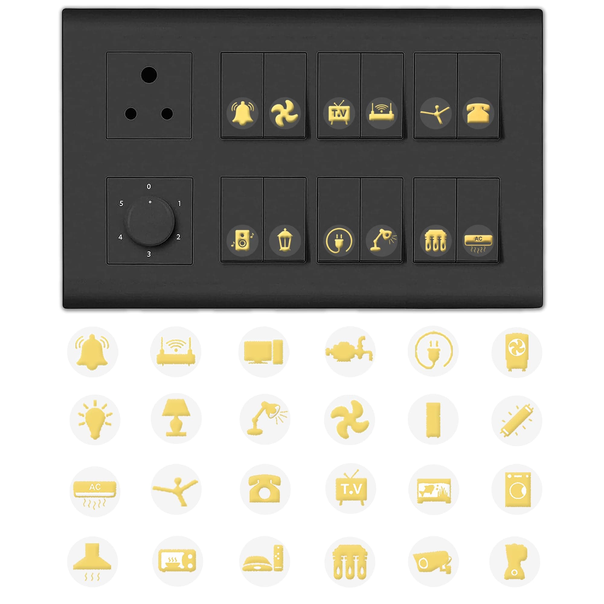 600 Decorative Switch Board Button Stickers, 38 Icons for Fan, Light, Fridge, AC - 3-in-1 Golden Glow for Switch Board Decoration