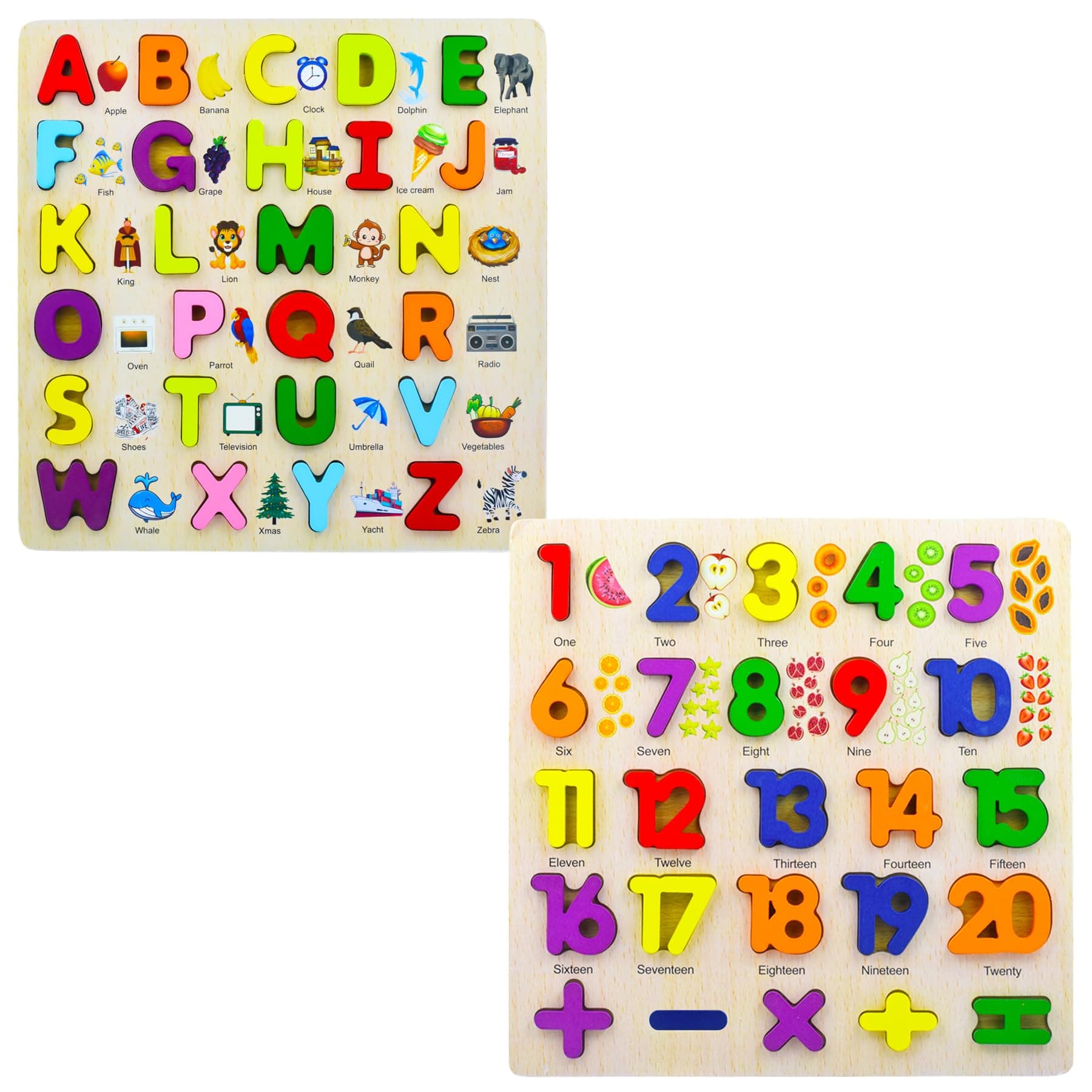 WISHKEY 3D Wooden Capital Alphabet & Number Board Puzzles with Pictures,Set of 2 Montessori Educational Learning Letters Toy for Pre Schooler Kids Boys & Girls(Pack of 2, Multicolor)