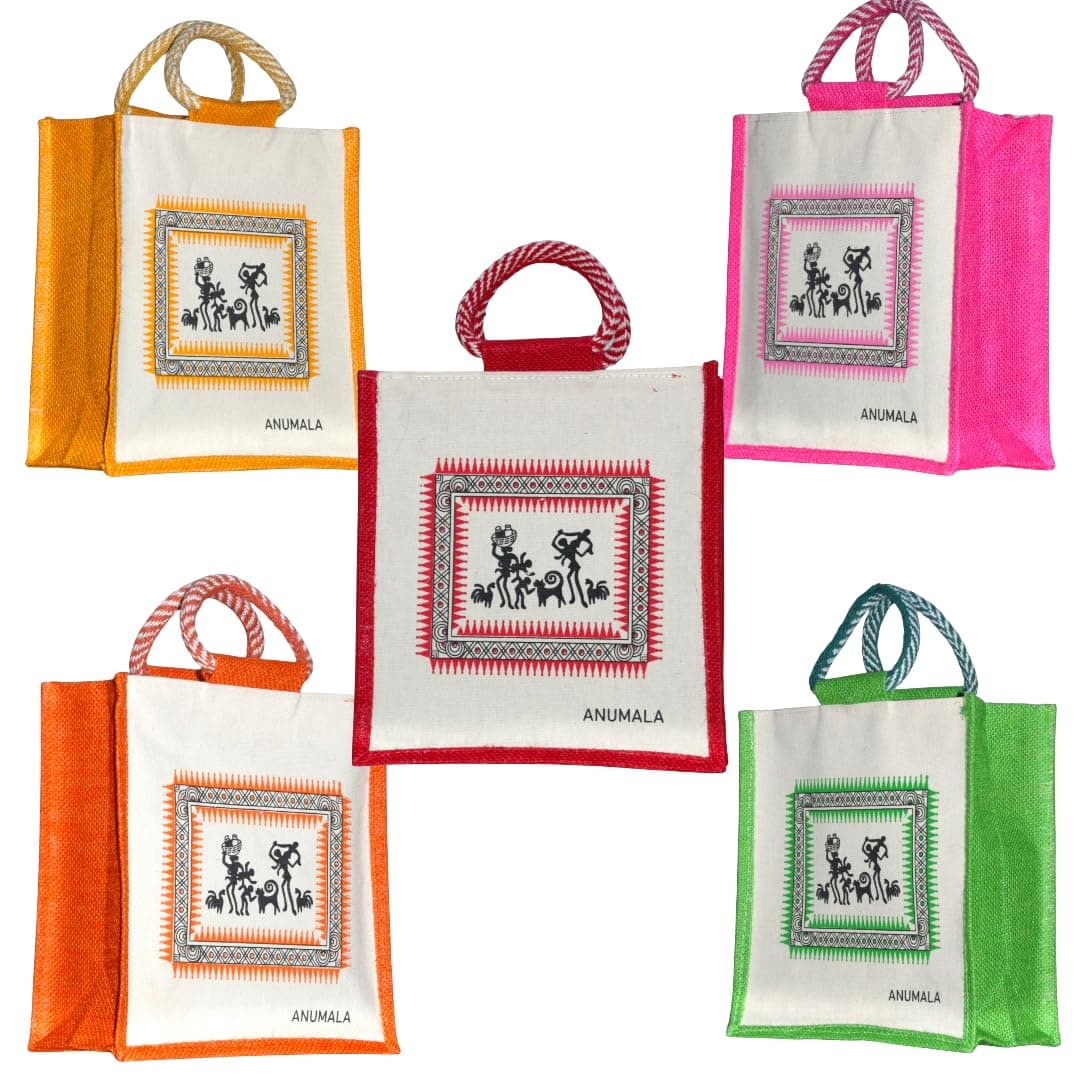 Anumala Bags World ® Anumala® Warli Print Jute Bag with Zipper – Reusable Multicolor Tribal Art Handbag for Shopping, Gifting & Daily Use