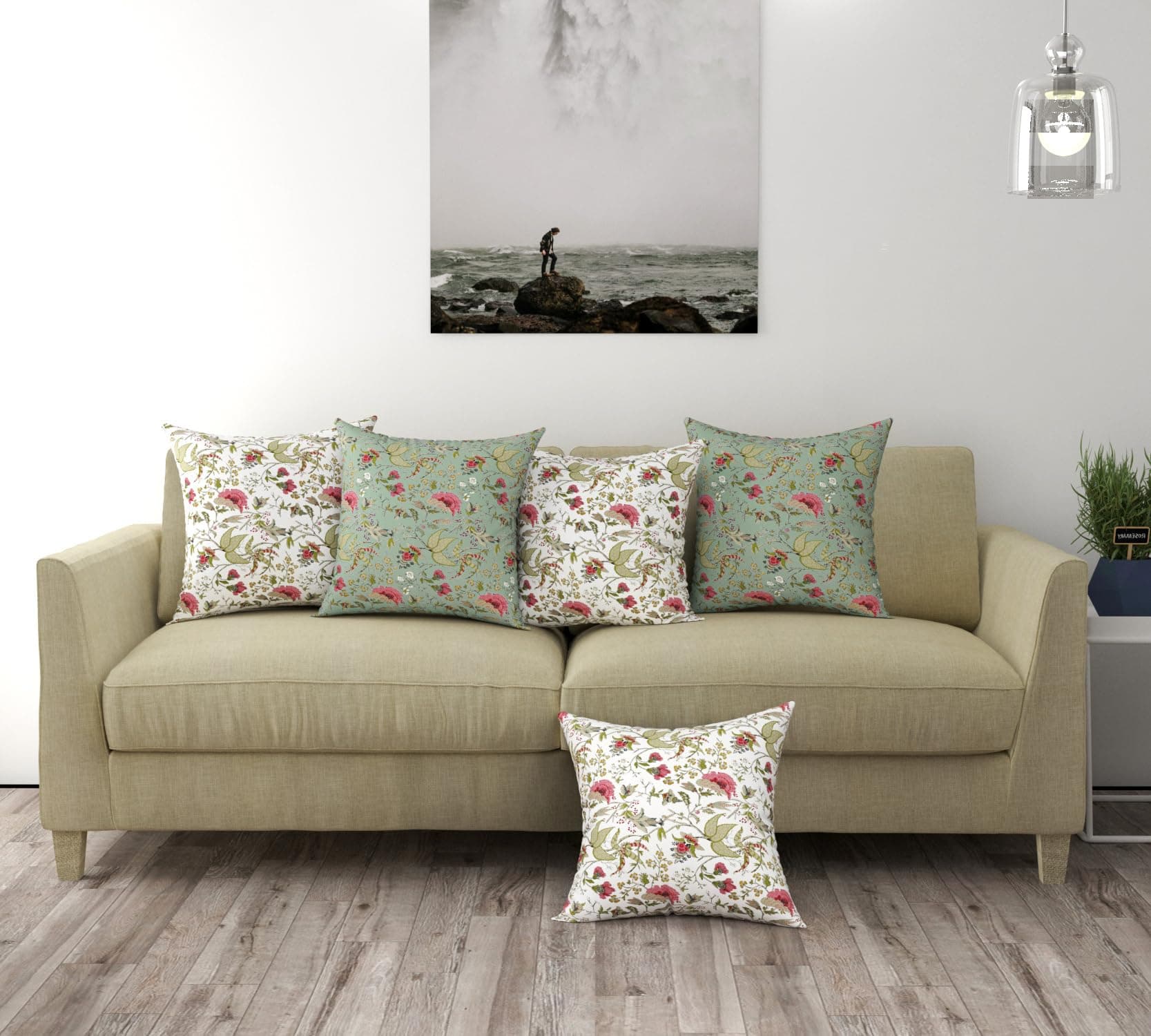 Trance Home Linen Premium 100% Cotton 16x16 inch Cushion Covers Only for Sofa and Diwan | Throw Pillow/Small Cushion Pillow Covers Only (16x16 inch | 40cmx40cm, Calicut White Green) Set of 5,180TC
