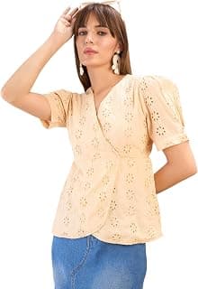 sassafras Beige Schiffli Wrap Peplum Top