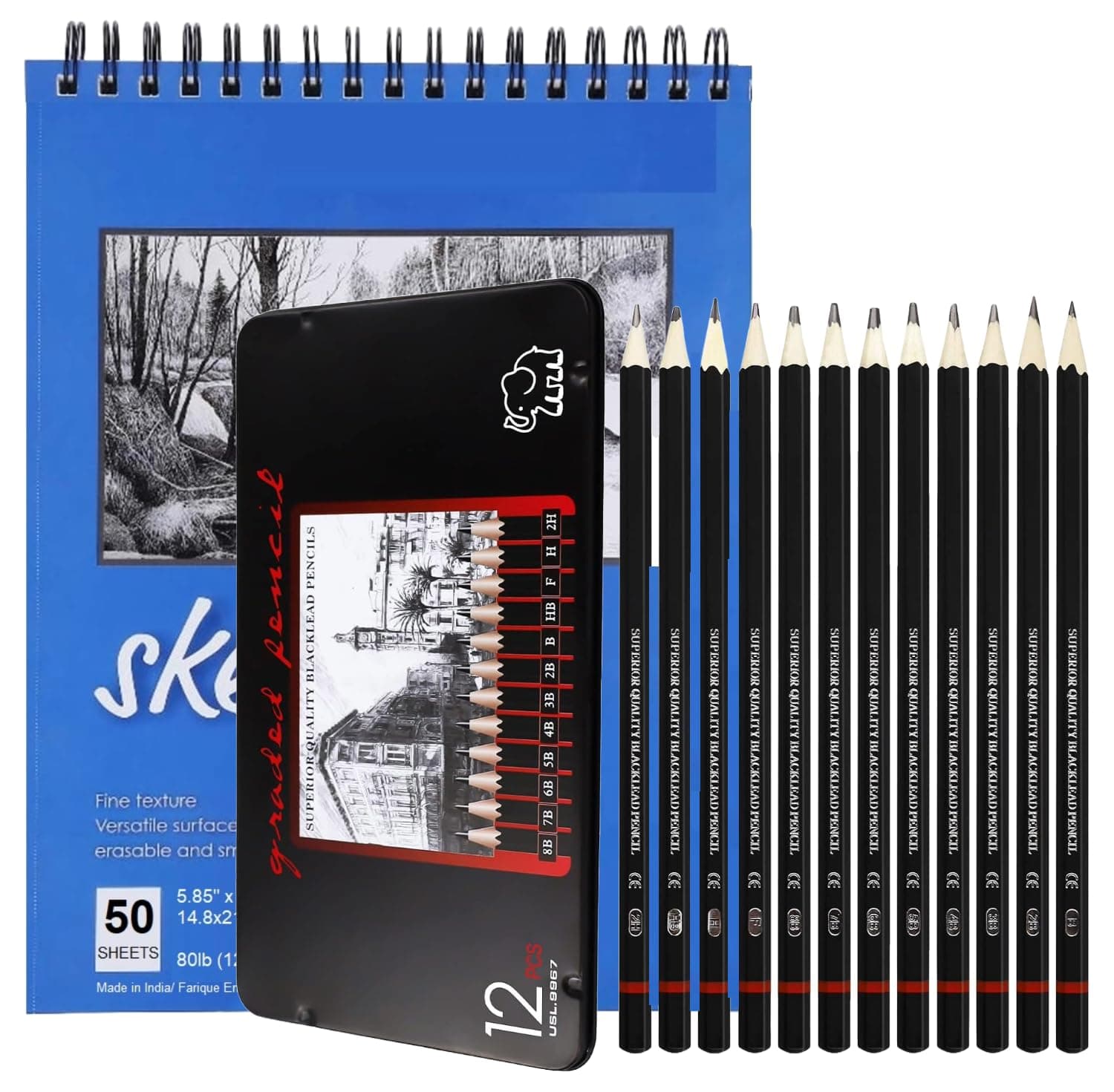 Corslet Sketching Pencils Set: 12 Pc Sketch Pencil B 2b 3b 4b 5b 6b 7b 8b Hb H 2h F in Metal Case with 50 Sheets A5 Sketchbook