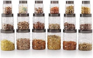 CELLO Checkers Kitchen Storage Container Box Set of 18 Pcs Brown (6x300ml, 6x650ml, 6x1200ml) | Transparent Unbreakable Fridge Safe Stackable Airtight Storage Canister Set For Spices Dry Fruits Grains