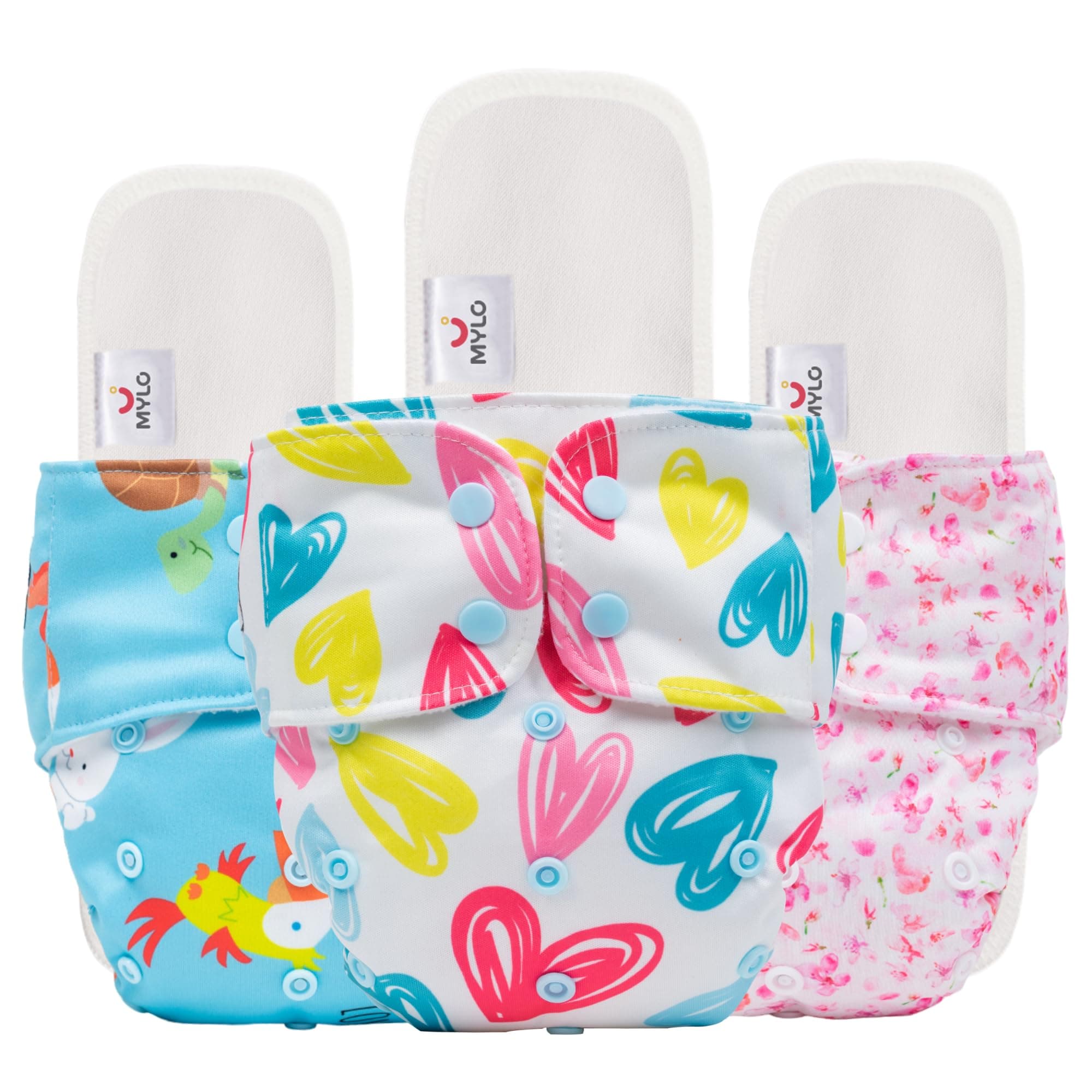 Mylo Leak-Proof Baby Cloth Diaper Combo (3 Diapers + 3 Inserts) | Free Size (3M-3Y) | High Absorption | Quick Dry | Oeko-Tex Certified | Washable - Pet Love, Floral & Heart