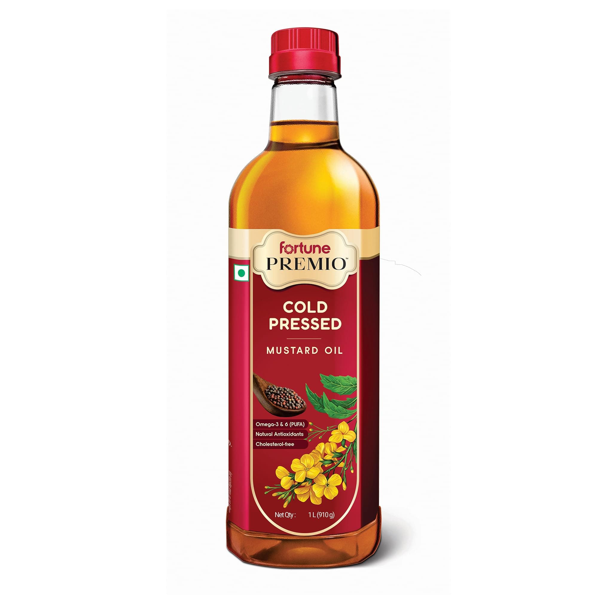 Fortune Premio Cold Pressed Mustard Oil 1L Bottle | Rajasthan Mustard Seeds | Rich in Omega 3 & 6 (PUFA) | Natural Antioxidants | Strong Aroma | Ideal for Frying & Pickles