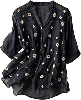 RIEKA Womens Floral Applique Embroidered Fancy Top with Mandarin Collar Button Down Front Half Sleeves Relaxed Fit Casual Tunic Top for Women