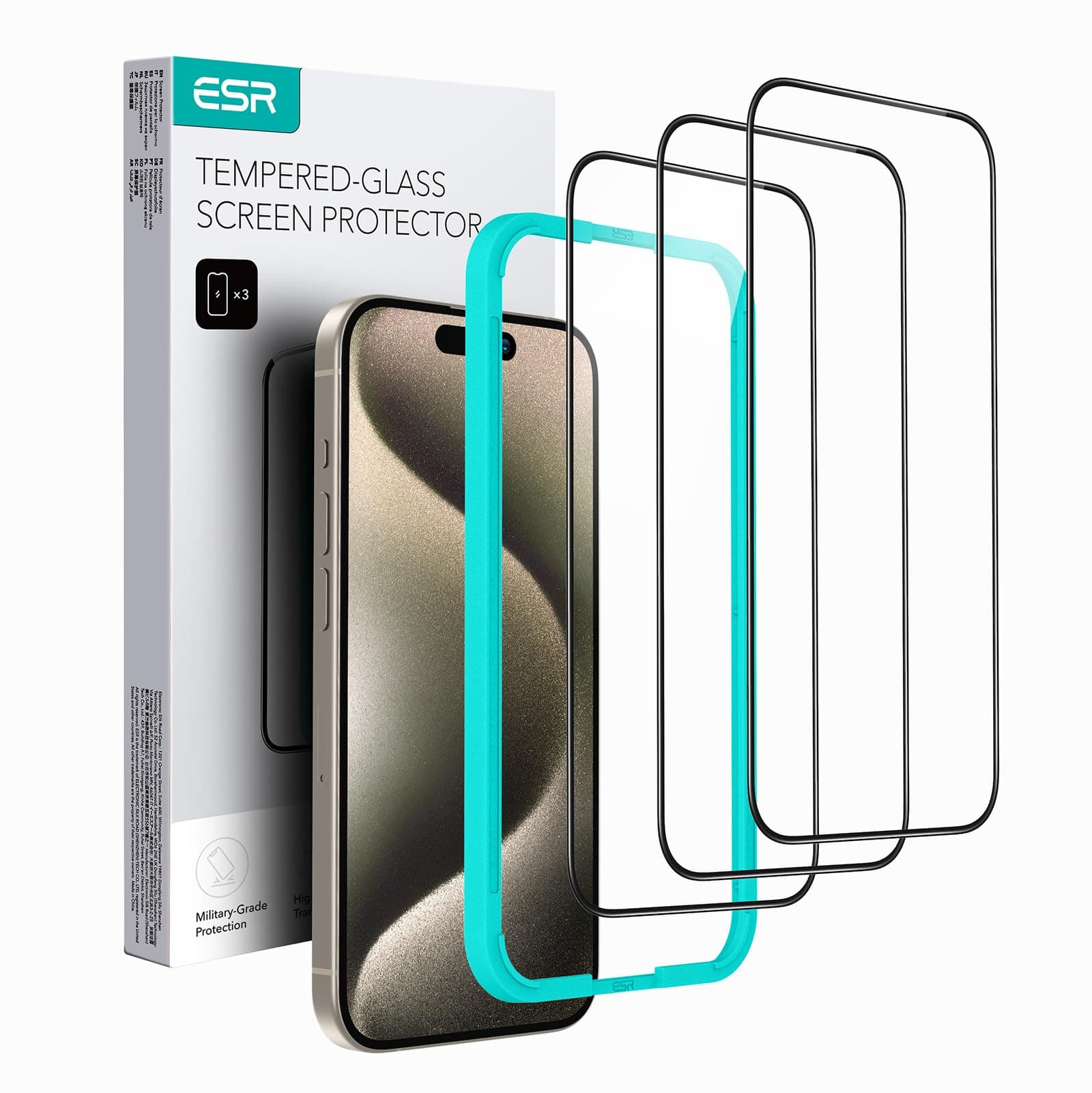 ESR 3 Pack For iPhone 15 Pro Max Tempered Glass Full Screen Protector, 2.5D Curved Edges, Full-Coverage Military-Grade Protection, Scratch Resistant Screen Guard