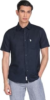 U.S. POLO ASSN. Men's Solid Cotton Linen Tailored Fit Spread Collar Half Sleeve Casual Shirt