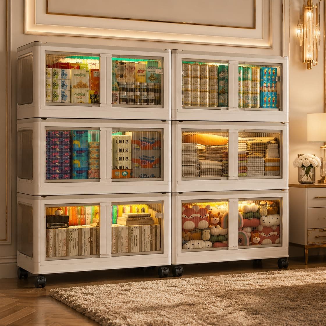 EXVITO 6 Tier Stackable Storage Drawer Organizer Cabinet with Transparent Doors, Multi-Layer Storage Bin, Space-Saving Pantry Organizer, Cupboard for Clothes, Storage Rack - Cream