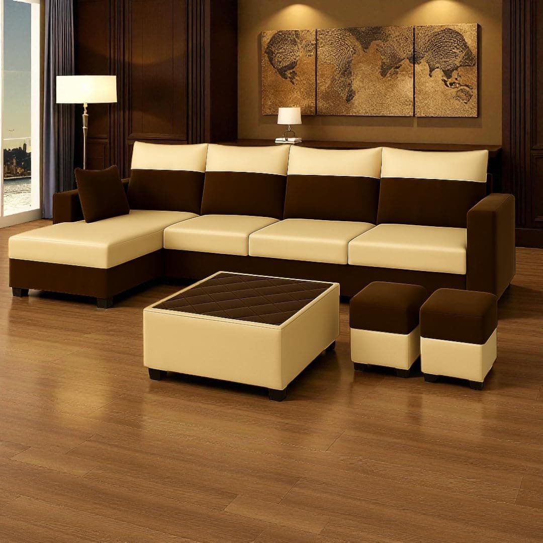 FURNY Arissa 8 Seater Fabric LHS L Shape Sofa Set with 1 Centre Table & 2 Puffy (Cream-Dark Brown) Premium Velvet Finish | Durable Comfort | Ideal for Living Room