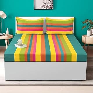 Swayam 100% Cotton King Fitted Bedsheet with 2 Pillow Covers | 240 TC Soft Breathable Bed Sheet | Striped Printed | Size 72 x 78 x 10 inch | Comfortable & Durable for Bedroom - Turquoise & Yellow