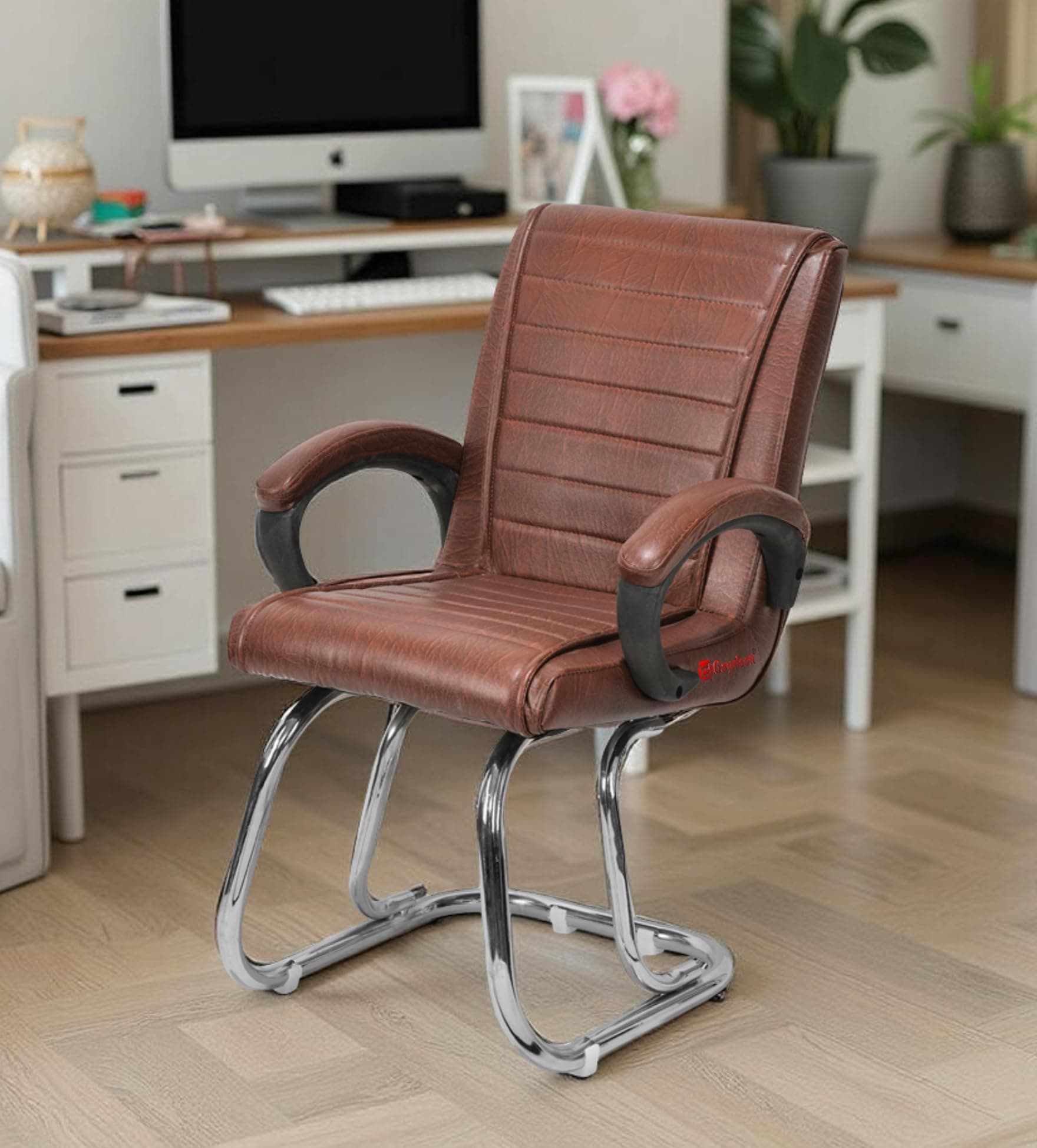 RATISON Special Director Principal Manager Office Visitor with arm Rest with Double Pipe Frame and Cushioned seat Back (1, Tan, Double Pipe Chrome Frame)