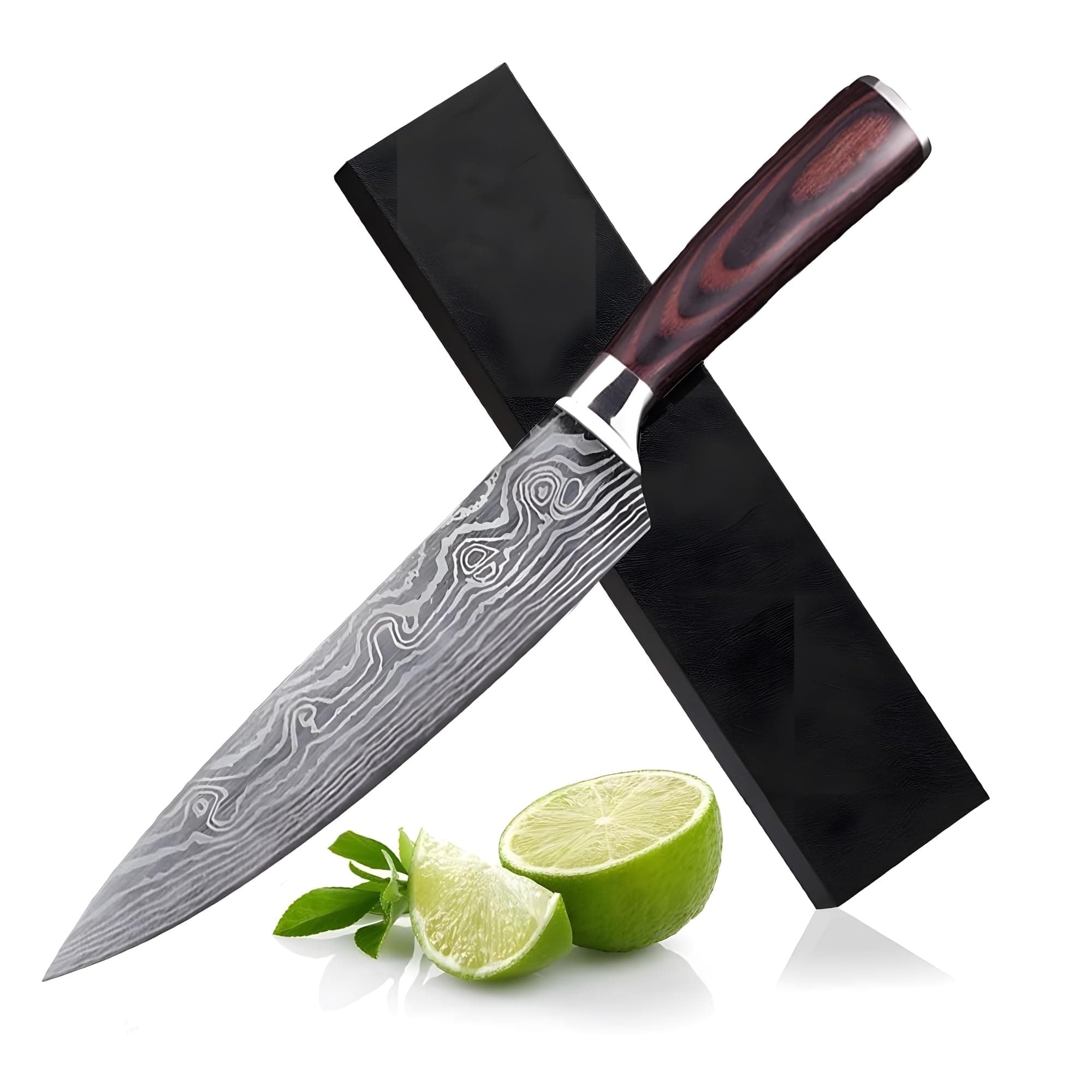 24x7 eMall Damascus Chef Knife - 8 Inch High Carbon Stainless Steel with Laser Pattern - Sharp, Ergonomic - Gift Boxed