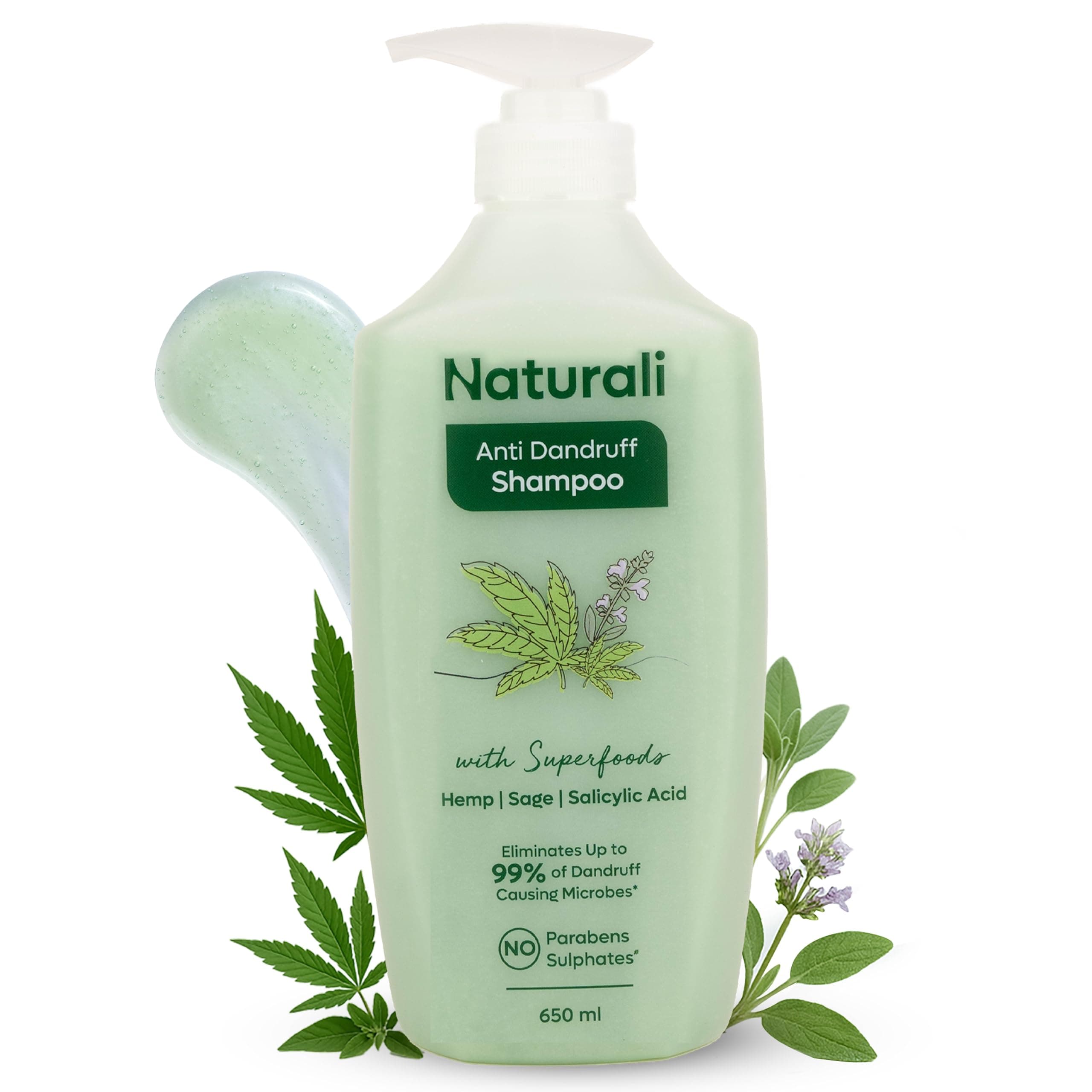 Naturali Anti-Dandruff Shampoo with Hemp, Sage & Salicylic Acid | No Sulphate, No Paraben | Calms Itchy Scalp | Prevents Hairfall Caused By Dandruff | Soothes Inflammation | Shampoo 650ml