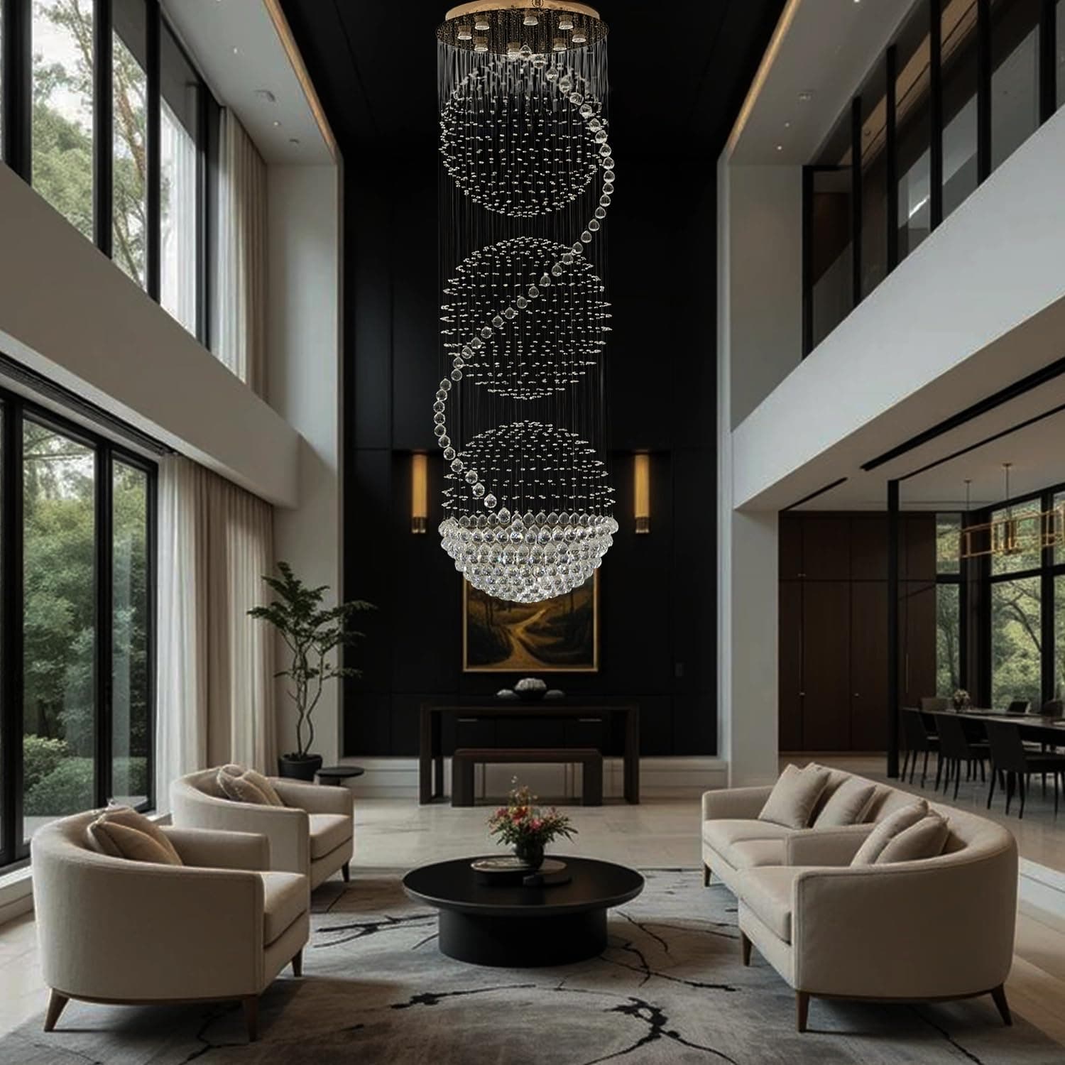 Harold Electricals 3S Long Crystal Chandelier | Staircase Ceiling Light Flush Mount | Modern Light Fixture for Hallway, Living Room, Hotel & Entryways - 2ft (Dia) X 6.5ft (Height) Gold Plate