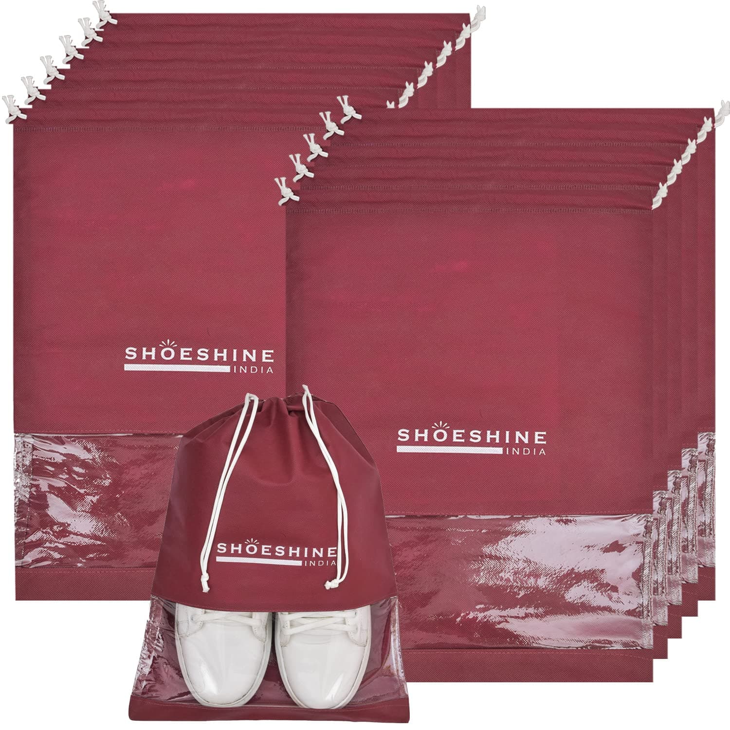 SHOESHINE Fabric Portable Shoe Storage Cover Bag/Pouch/Organizer - Pack of 12; Maroon