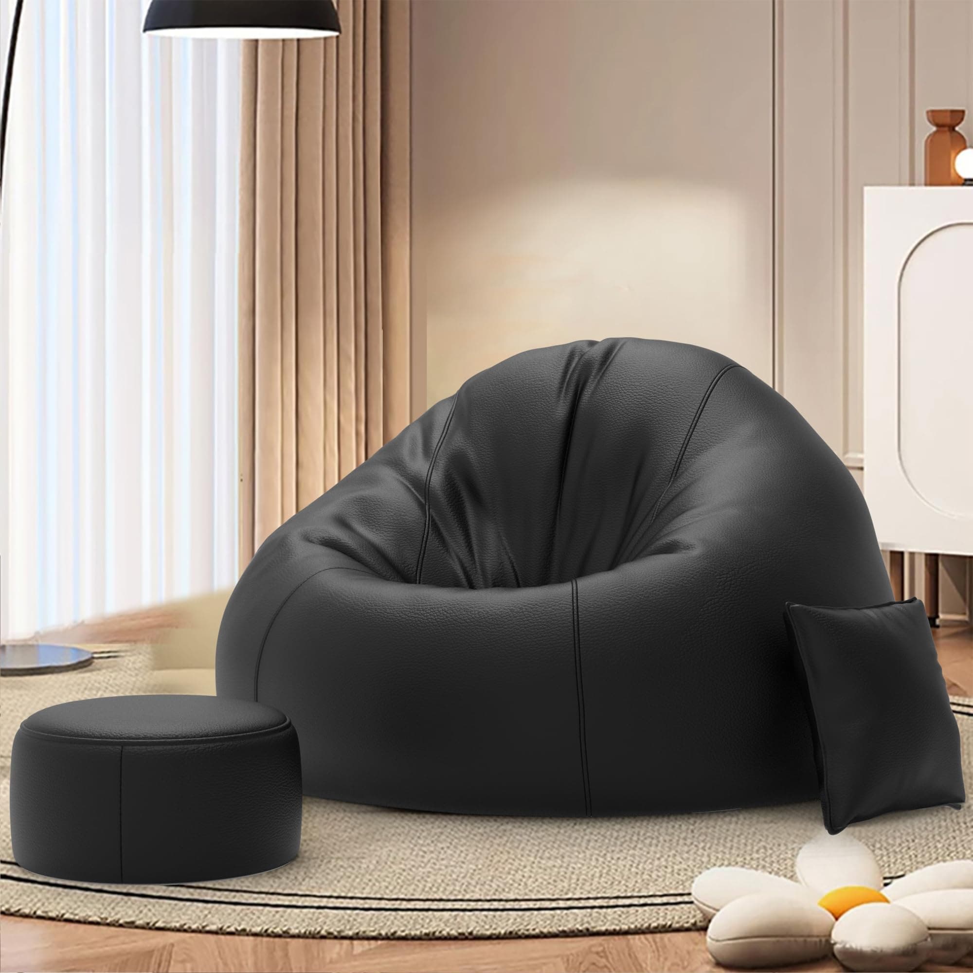Biggie Bean Bag Chair with Beans Filled 4XL Bean Bag Sofa with Free Cushion and Footrest - Official : Puffluxe Combo (Matching Color : Regular, Black)