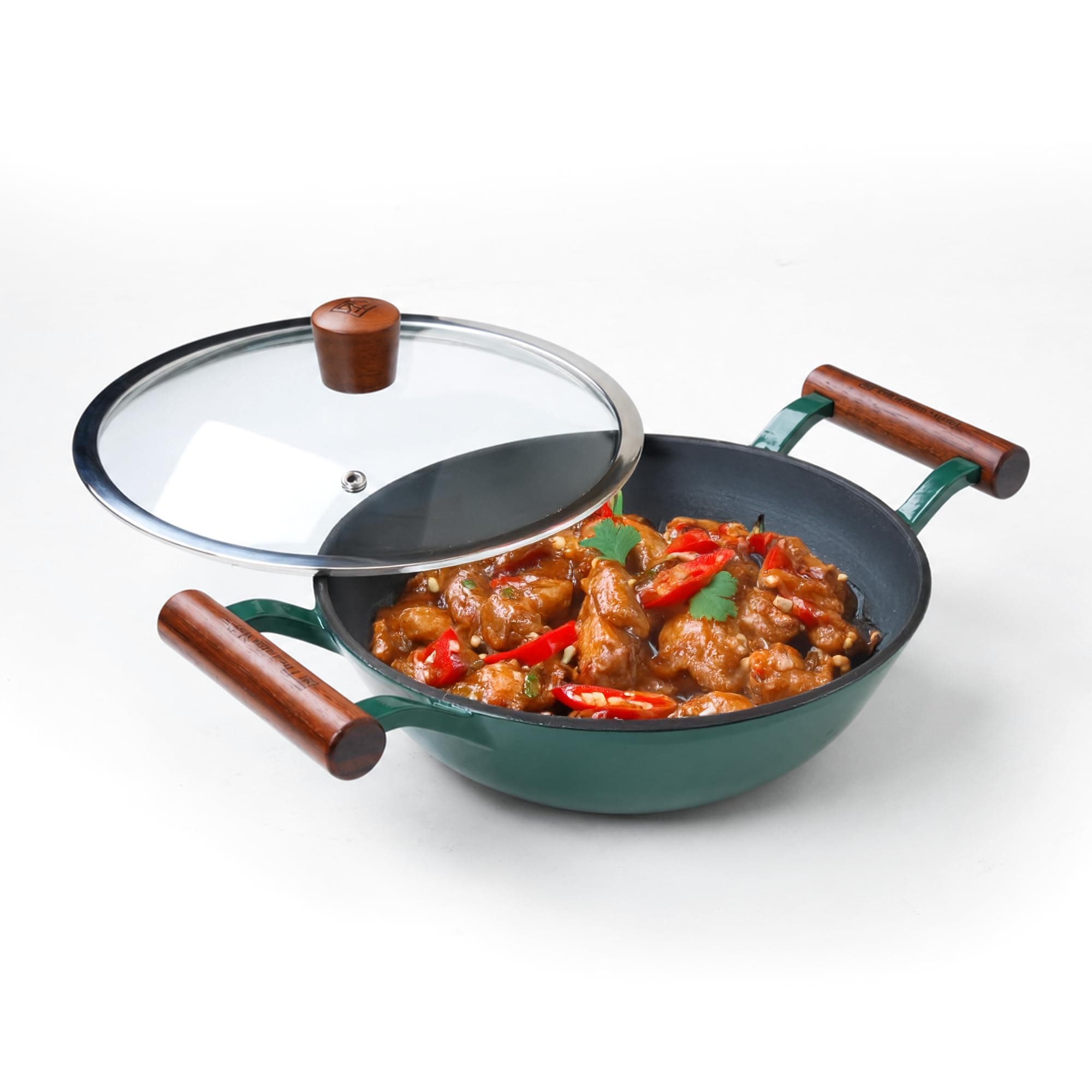 The Indus Valley Titanium Reinforced Enamel Coated Cast Iron Kadai 2.3 litres | 3 Layer Cast Iron with Glass Lid | Wooden Handle | Naturally Non Stick | Induction Compatible | PTFE, PFOA & PFAS Free