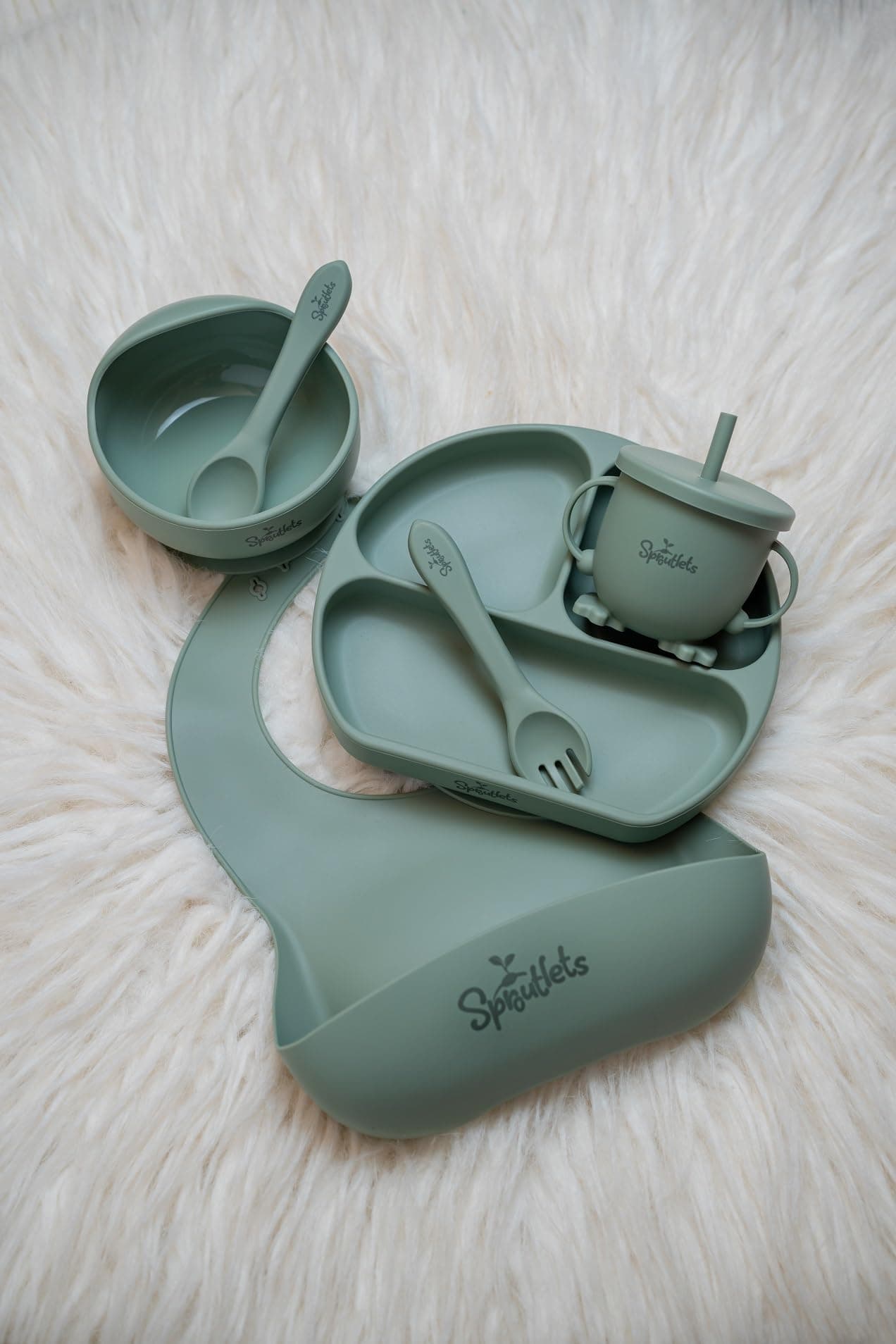 Sproutlets 6 Pcs Silicone Baby Feeding Set for Babies 6+ Months| BPA-Free Baby Dinner Set with Suction Plate, Bowl, Bib, Cup, Spoon & Fork| Microwave & Dishwasher Safe, Anti-Slip Design - Olive Green