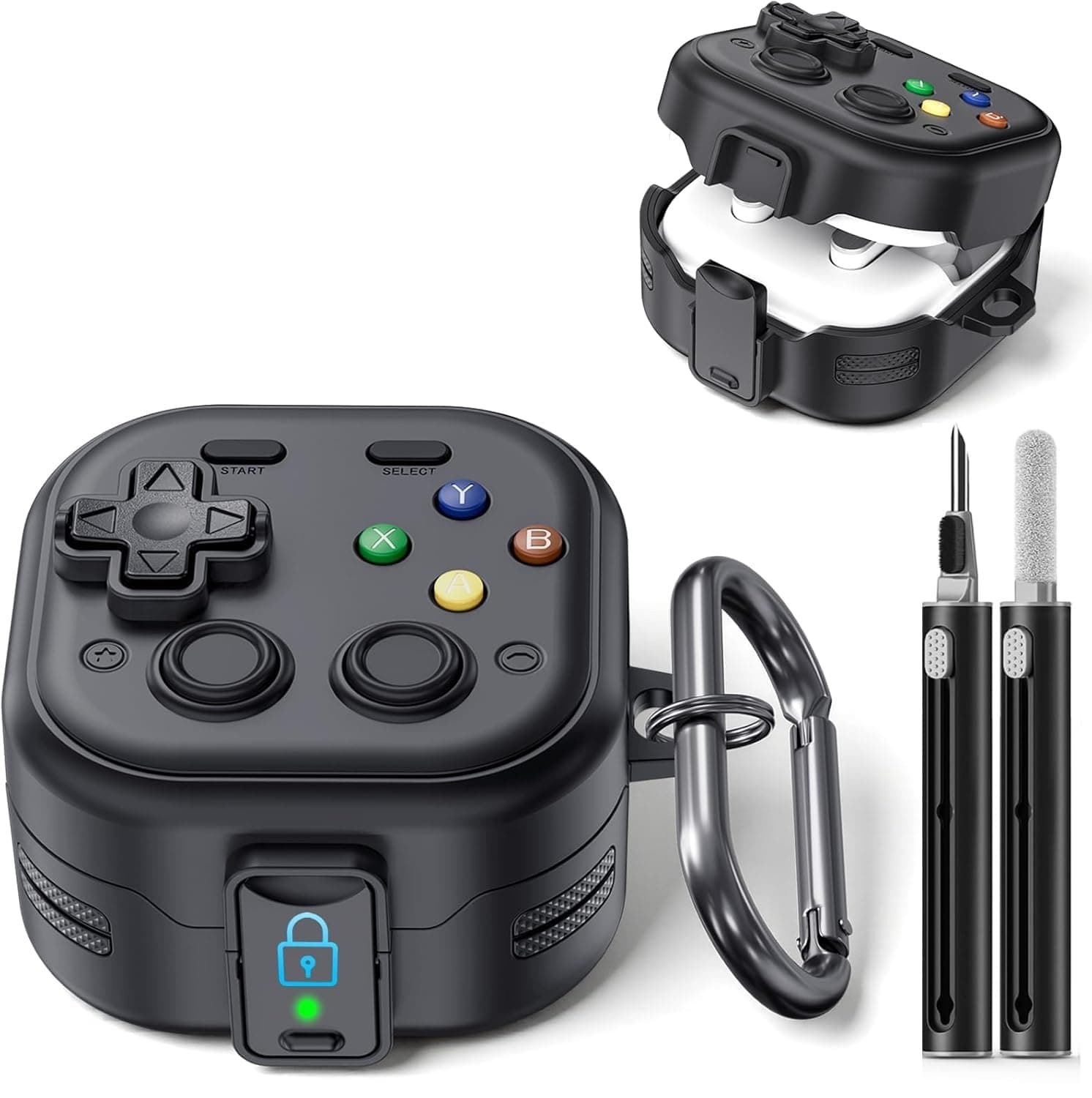 Meyaar for Samsung Galaxy Buds 4/4 Pro 2026, Secure Lock Hard Shell Protective Buds 4 Case Cover with 3-in-1 Cleaner Kit and Metal Keychain, Cute Funny Game Design Gift for Men Women (Black)