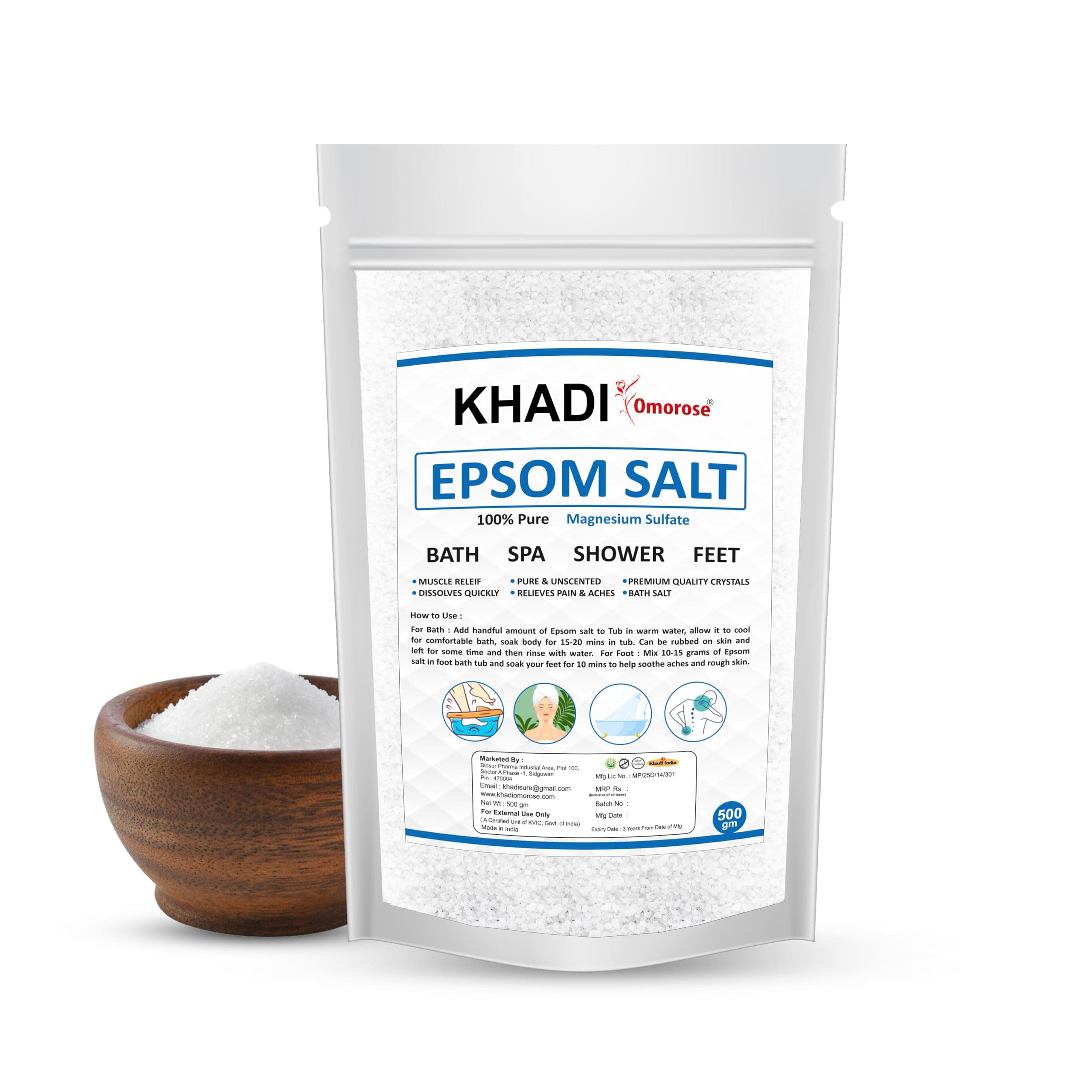 Khadi Omorose Epsom Bath Salt Crystal and Bath | For refreshing bath soak | Foot Spa | Relieves aches & pain - 500 Gram