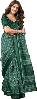 SAMAH Women's Printed Zari Stripe border Cotton Blend Saree with Unstitched Blouse Piece