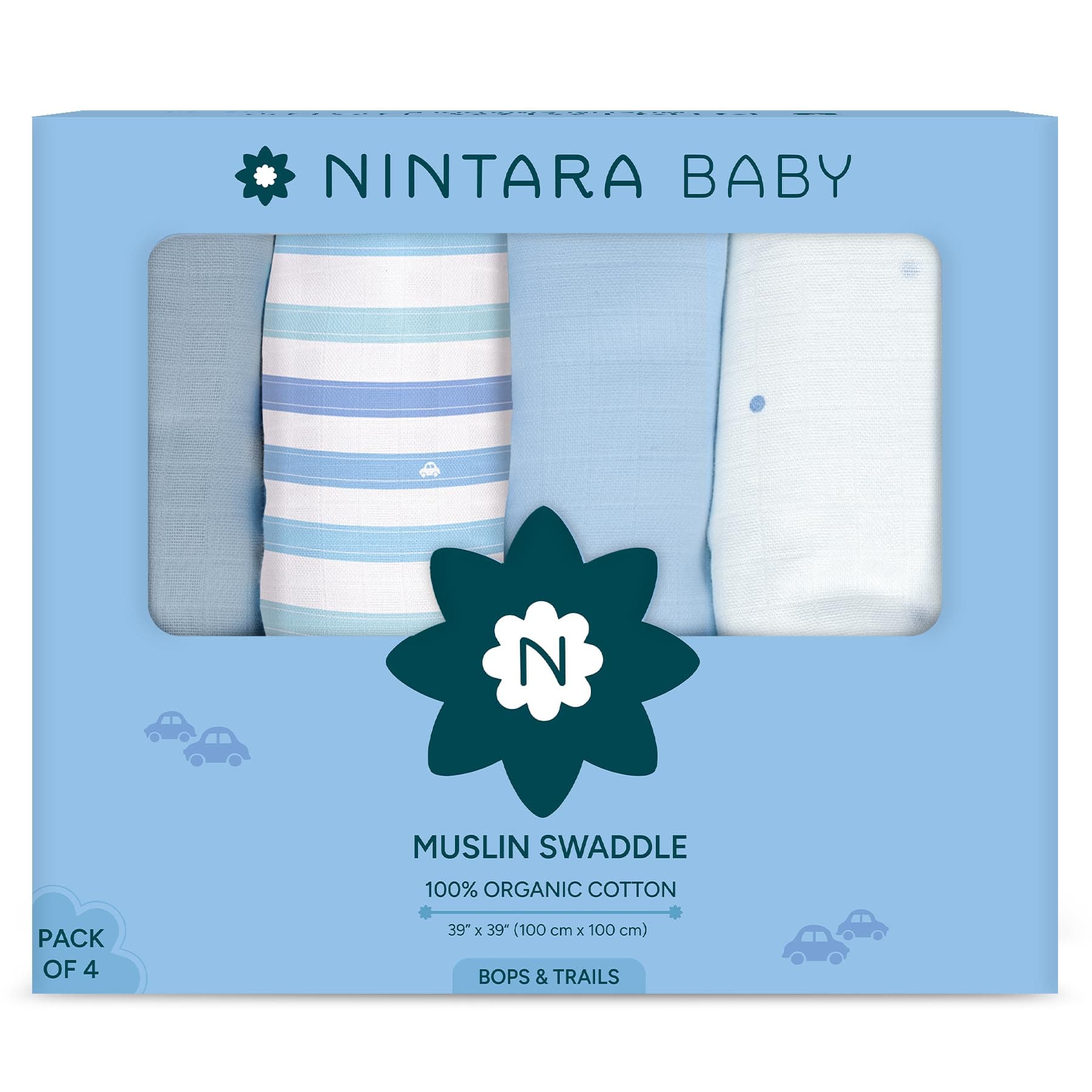 NINTARABABY Swaddles - 100% Organic Premium Muslin Cotton, 39" x 39" (100 cm x 100 cm), Ultra-Soft, Breathable & Lightweight, Hypoallergenic, Gifts for Newborn Boys, Pack of 4