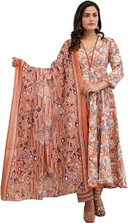 PARTHVI Women's Printed Cotton Anarkali Kurta & Pant With Dupatta Set