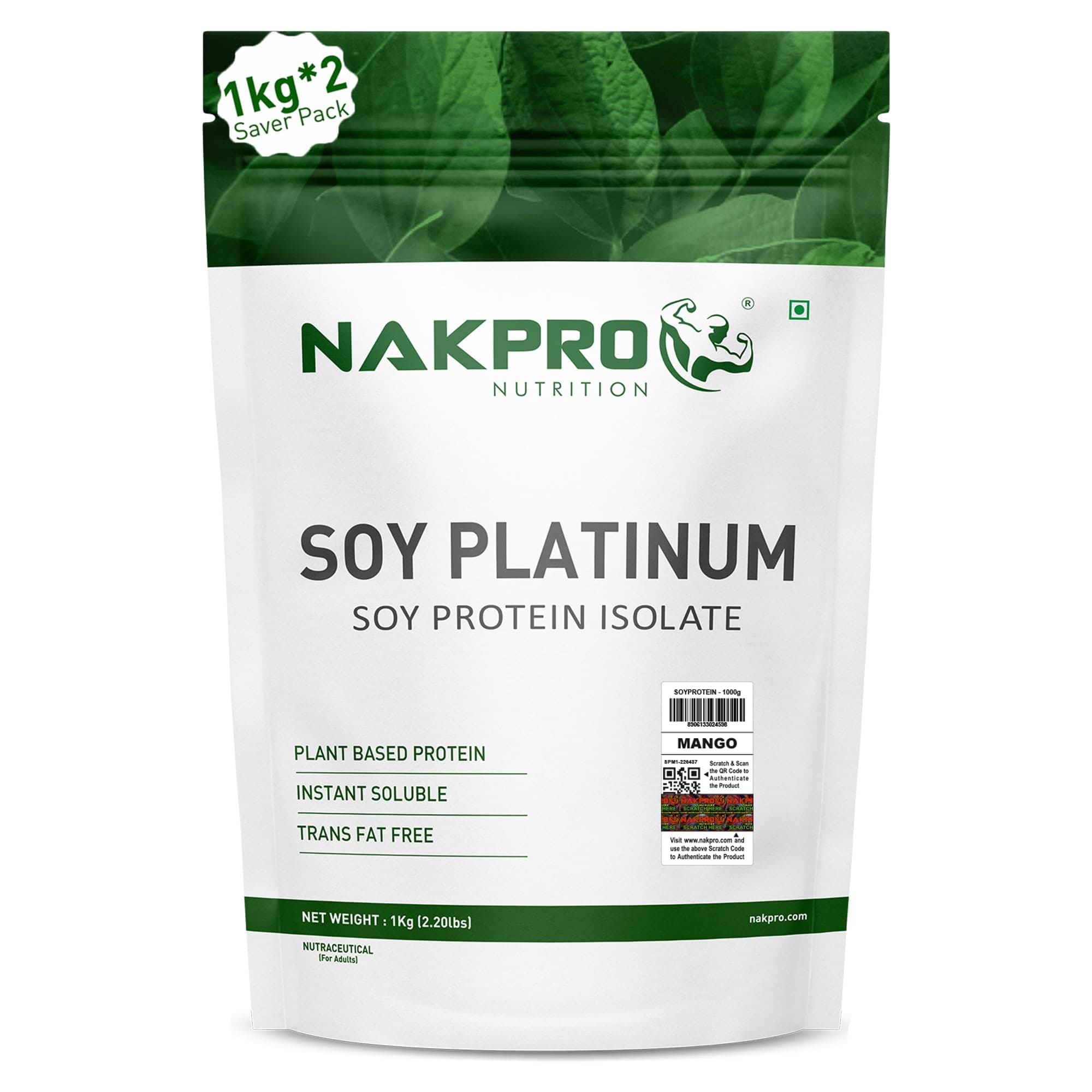 NAKPRO NUTRITION 100% Soy Protein Isolate | Mango - 2kg (1kg*2) | 27.87g Protein |Plant Based Protein Powder