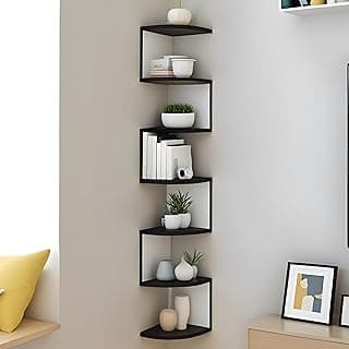 Dime Store 7 Tier Wooden Zig Zag Wall Corner Hanging Shelves for Living Room Stylish | Home Decor Floating Display Rack Storage Organizer (White & Black)