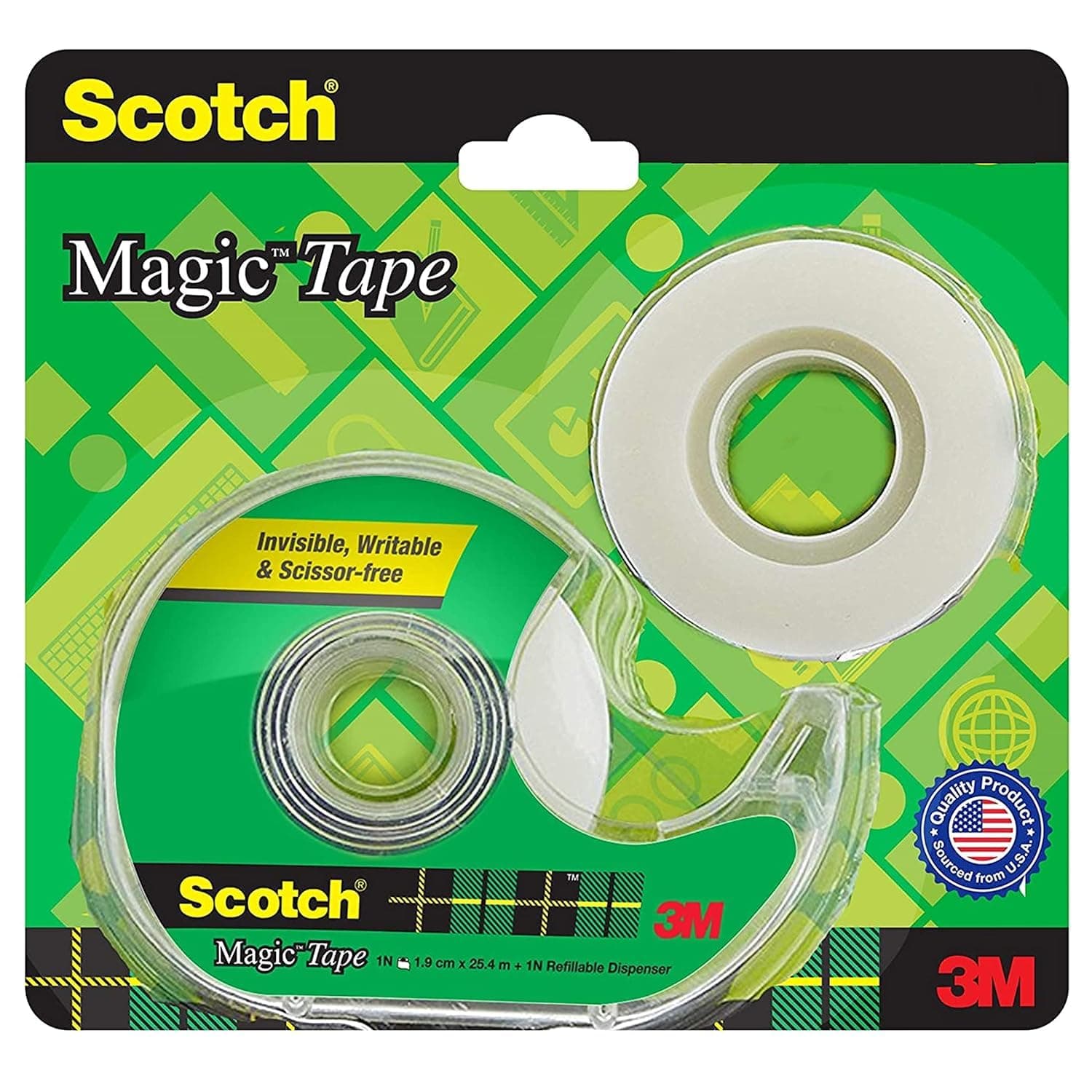3M Scotch Magic Tape Roll (2) with Refillable Dispenser | 1.9cm x 25.4 Meter | Invisible, writable and Hand tearable | for School Projects, Home and Office use | 2 Tape Roll, 1 Dispenser