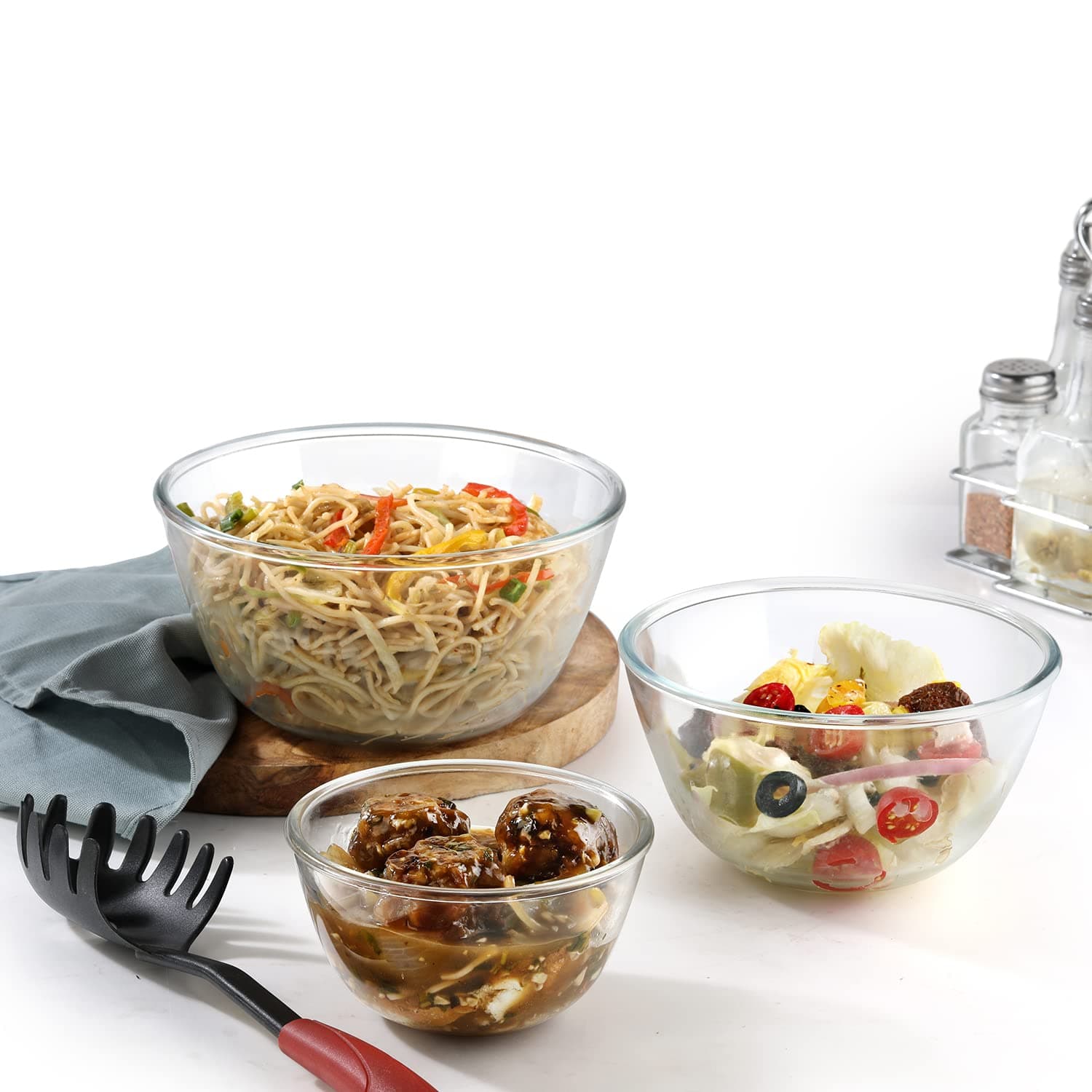 CELLO Ornella Round Glass Mixing Bowls for Kitchen Set of 3 Pcs, Transparent (500ml, 1000ml, 1500ml) | Freezer & Fridge Safe, Microwave & Dishwasher Safe Toughened Glass Bowl For Serving Mixing Dining