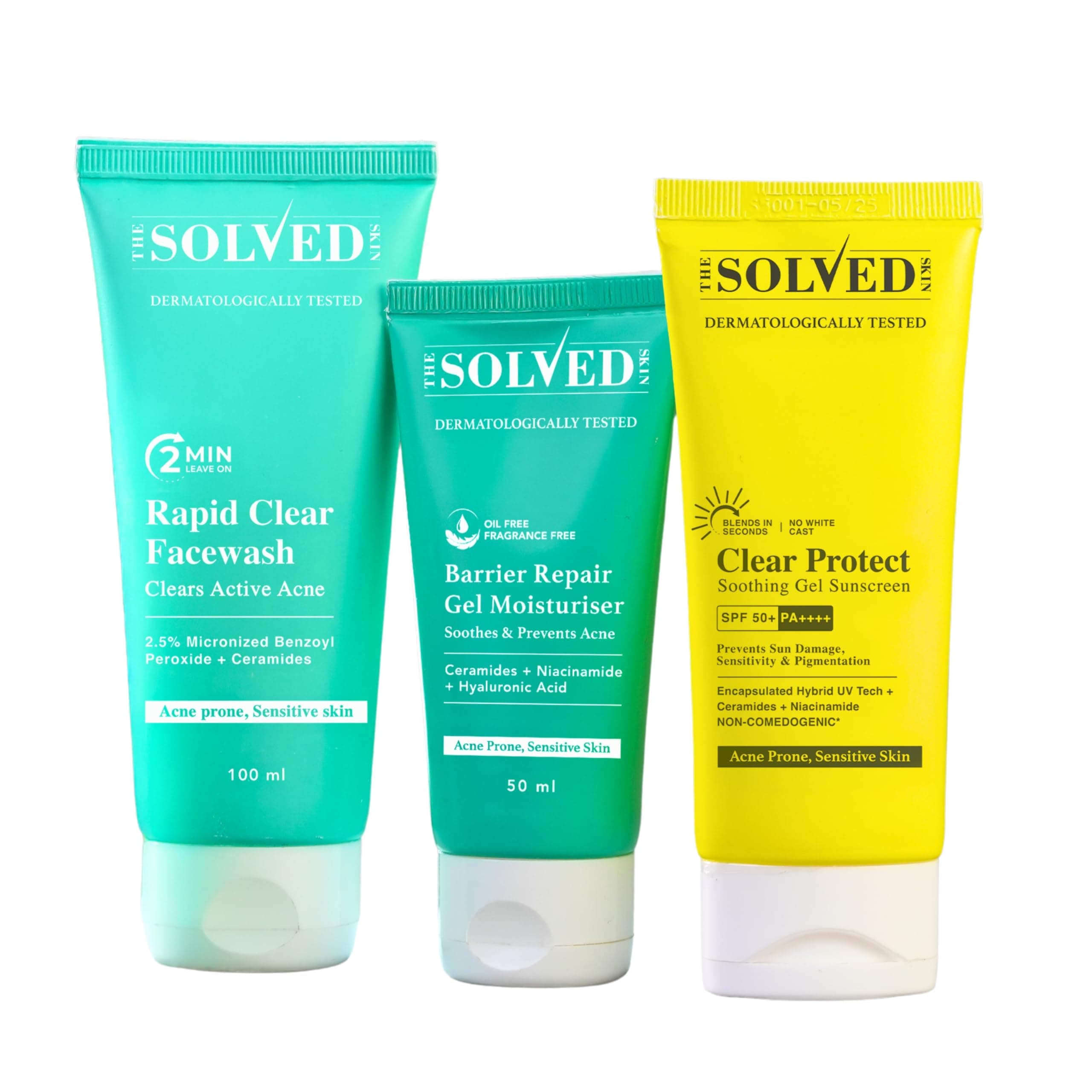 THE SOLVED SKIN 3-Step Acne Clear Kit India's 1st Derma Tested Combo with Micronized BPO Facewash, Lamellar Barrier Repair Gel & SPF 50+ PA++++ Sunscreen. For Oily, Acne-Prone & Sensitive Skin. 200ml