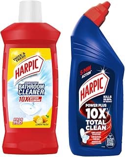 Harpic Bathroom Cleaner (Lemon) - 1 L and Harpic Powerplus Toilet Cleaner Original, 1 L