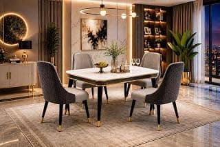 WOODEN SPACE Majestic 4 Seater Wooden Dining Table Set | Urban Marble Top Dining Table with Chairs for Dining Room & Kitchen (Modern Vento Dark Grey) (54 x 36 x 30 inch)