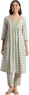 W for Woman Lotus Printed Pure Cotton Gathe Kurta and Pants Co-ord Set