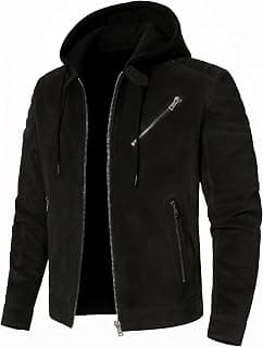 Blaq Ash Men's Suede Hooded Biker Jacket with Removable Hood and Multiple Zippers