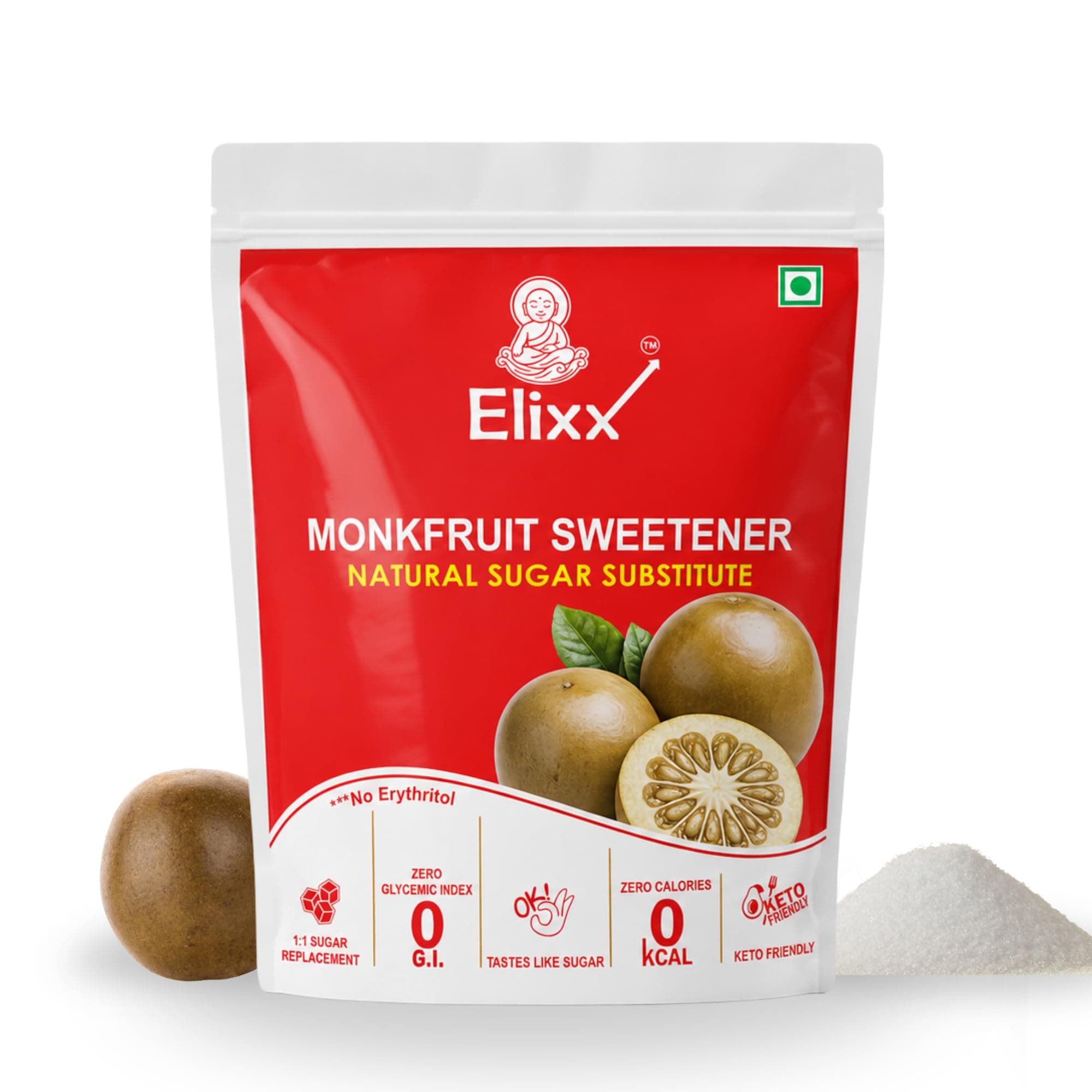 ElixX Monk Fruit Sweetener 200g – Natural Sugar Substitute | No Erythritol | 1:1 Sugar Substitute | Zero Calorie, Zero Insulin Spike | Keto Friendly | Natural Sweetener for Tea, Coffee, Cooking & Baking