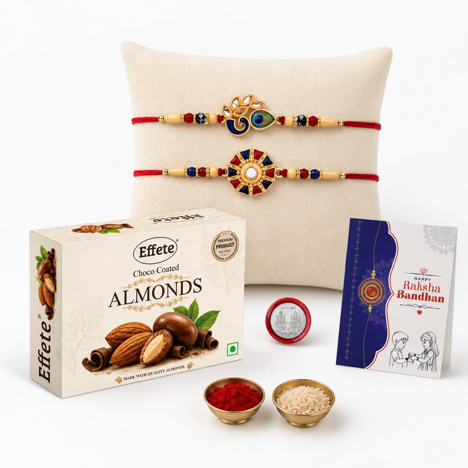 DeoDap Chocolate with Rakhi Set for Brother - Mix Color Round Shaped Rakhi with Choco Coated Almonds (96 GM), Silver Color Coin & Greeting Card, Traditional Raksha Bandhan Celebration Combo for Bhai