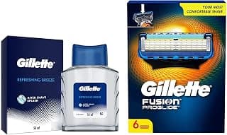 Gillette Fusion Proglide Shaving Blades- Pack Of 6 (Cartridges) & After Shave Splash Refreshing Breeze 50Ml, White - Men