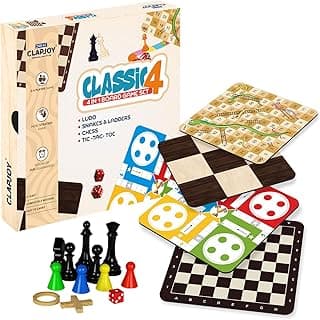 Clapjoy Wooden 4 in 1 Board Game for Kids & Adults| Ludo & Chess |Snake Ladder & Tic Tac Toe| Size 12 x 12 inch | Ideal for Parties, Fun, and Family Game Nights (4 in 1 Board Game)