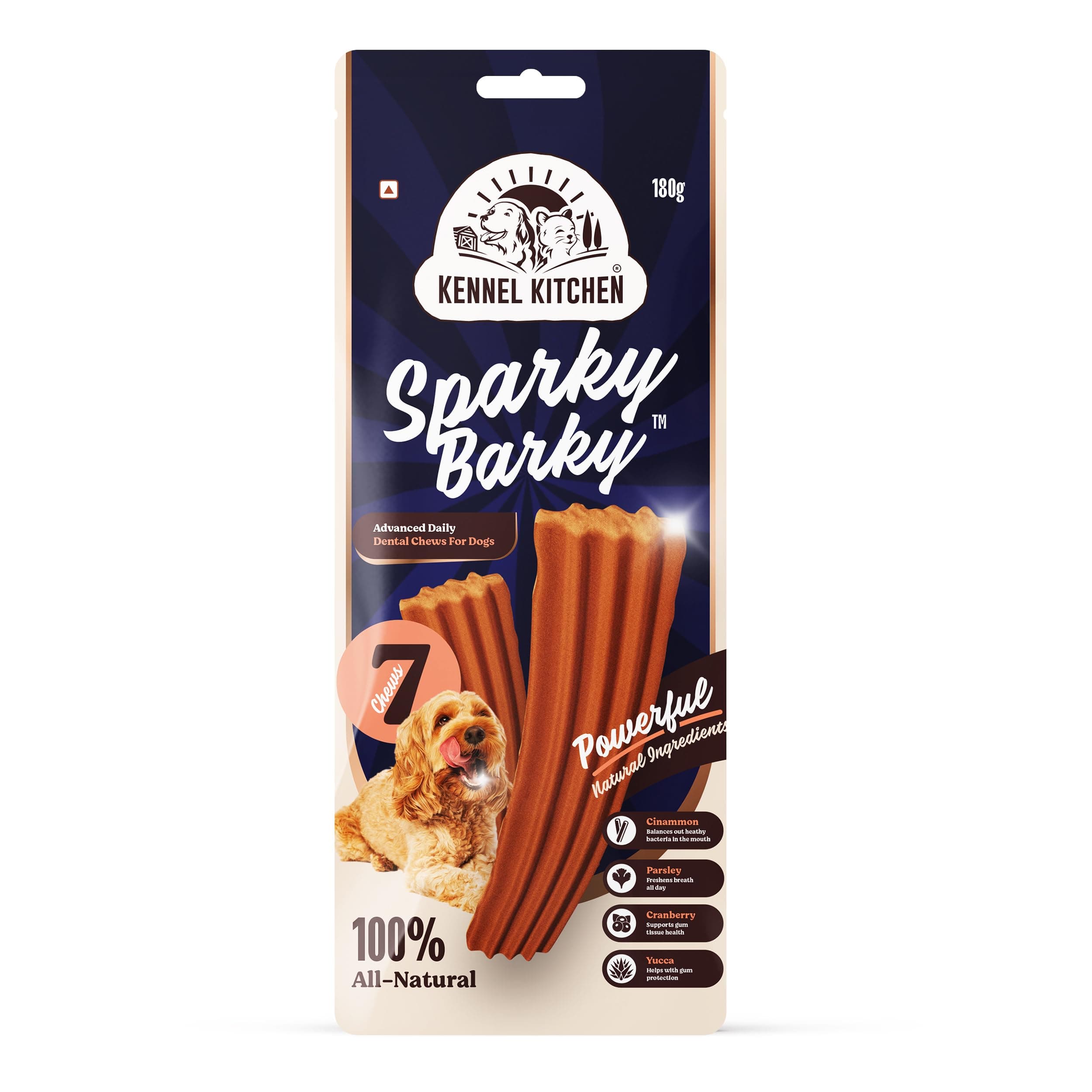 Kennel Kitchen Dog Treats | Sparky Barky Dental Sticks for Dogs | 180G, 7 Sticks | Advanced Daily Dental Chew Sticks | Contains Cinammon, Parsley, Cranberry & Yucca, All Life Stages